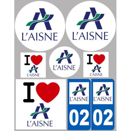 Département 02 de L'Aisne - 8 autocollants variés - Sticker/autocollant